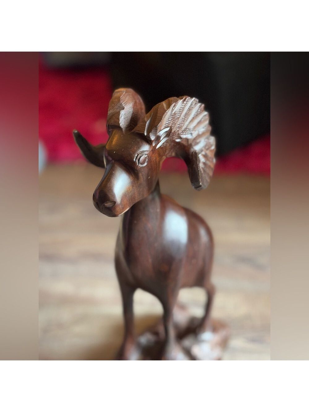 Hand-Carved Wooden Ram Sculpture • 15” Bighorn Sheep Figurine • Solid Wood Decor